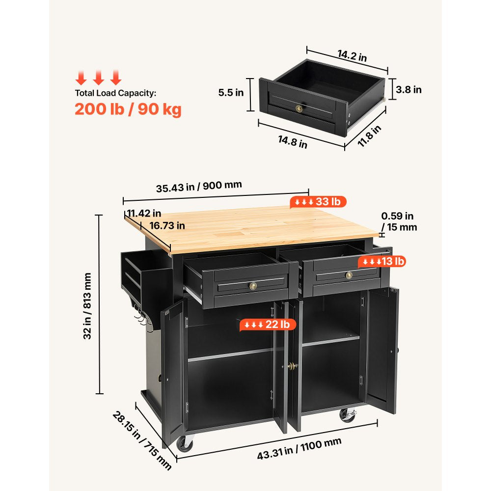 VEVOR Kitchen Island Cart, 43" Wood Top Mobile Carts with Storage Cabinet, Rolling Table with Drop Leaf, Spice Rack