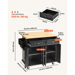 VEVOR Kitchen Island Cart, 43" Wood Top Mobile Carts with Storage Cabinet, Rolling Table with Drop Leaf, Spice Rack