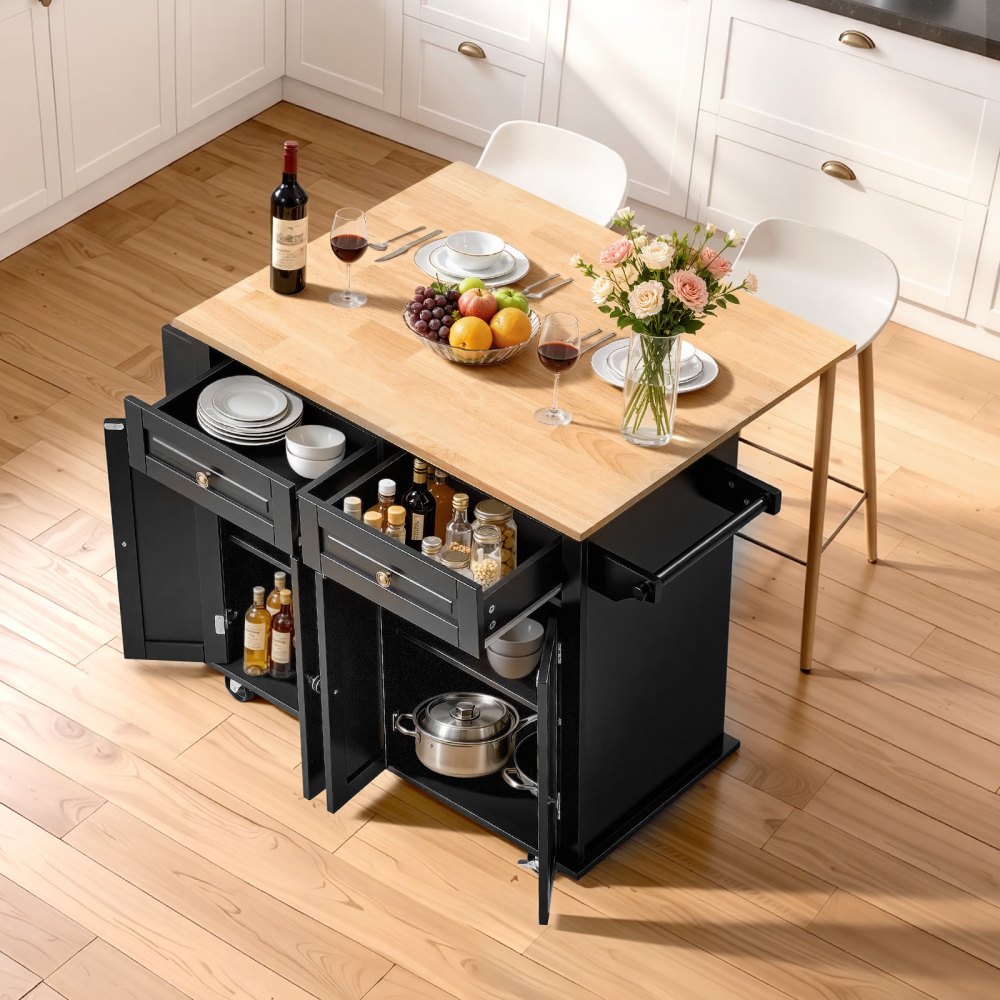 VEVOR Kitchen Island Cart, 43" Wood Top Mobile Carts with Storage Cabinet, Rolling Table with Drop Leaf, Spice Rack
