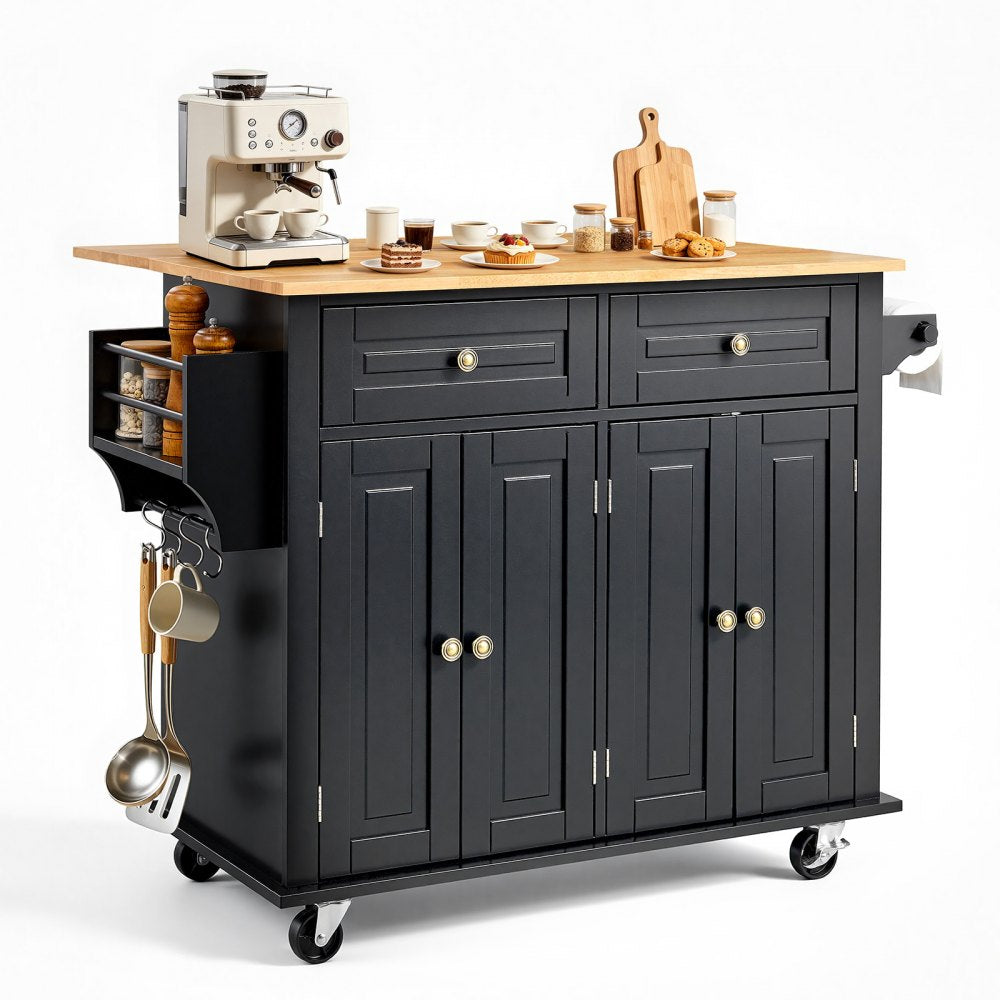 VEVOR Kitchen Island Cart, 43" Wood Top Mobile Carts with Storage Cabinet, Rolling Table with Drop Leaf, Spice Rack