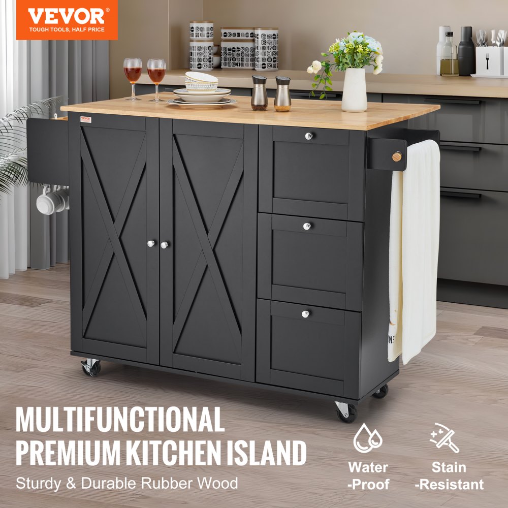 VEVOR Kitchen Island Cart, 56" Wood Top Mobile Carts with Storage Cabinet, Rolling Table with Drop Leaf, Spice Rack