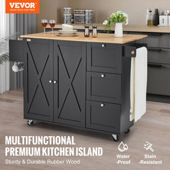 VEVOR Kitchen Island Cart, 56" Wood Top Mobile Carts with Storage Cabinet, Rolling Table with Drop Leaf, Spice Rack