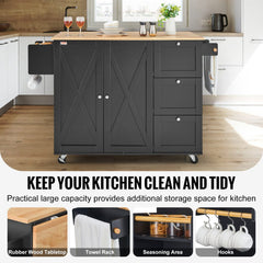 VEVOR Kitchen Island Cart, 56" Wood Top Mobile Carts with Storage Cabinet, Rolling Table with Drop Leaf, Spice Rack