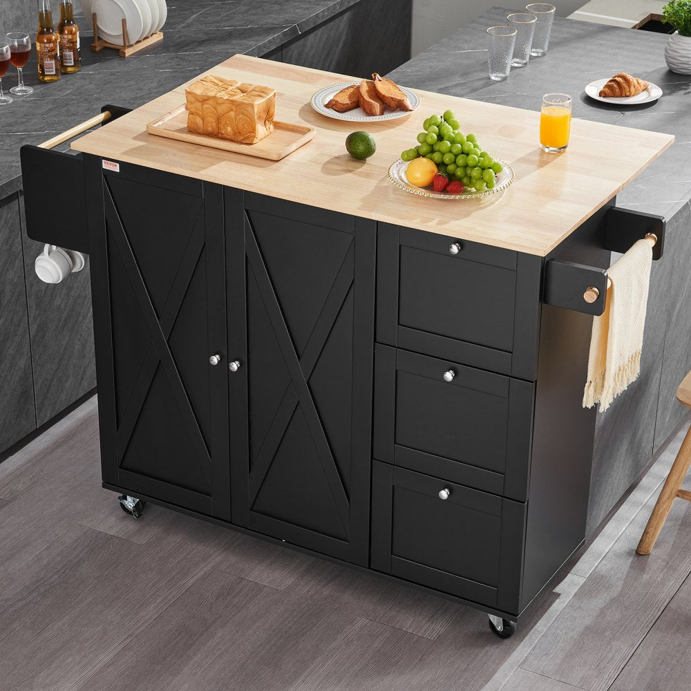 VEVOR Kitchen Island Cart, 56" Wood Top Mobile Carts with Storage Cabinet, Rolling Table with Drop Leaf, Spice Rack