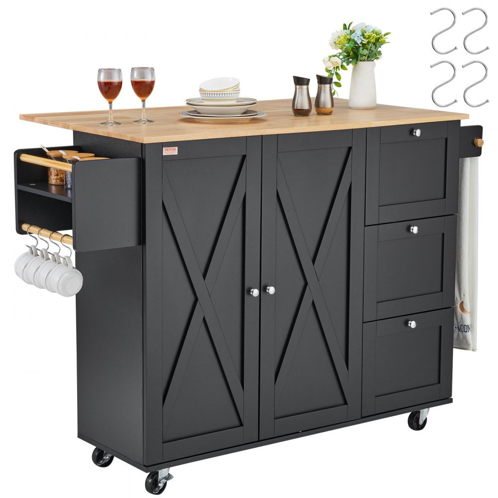 VEVOR Kitchen Island Cart, 56" Wood Top Mobile Carts with Storage Cabinet, Rolling Table with Drop Leaf, Spice Rack