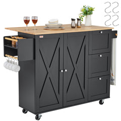 VEVOR Kitchen Island Cart, 56" Wood Top Mobile Carts with Storage Cabinet, Rolling Table with Drop Leaf, Spice Rack