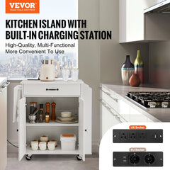 VEVOR Kitchen Island Cart, 32" Mobile Carts with Storage Cabinet, Rolling Table with Power Outlet, Spice Rack, Towel