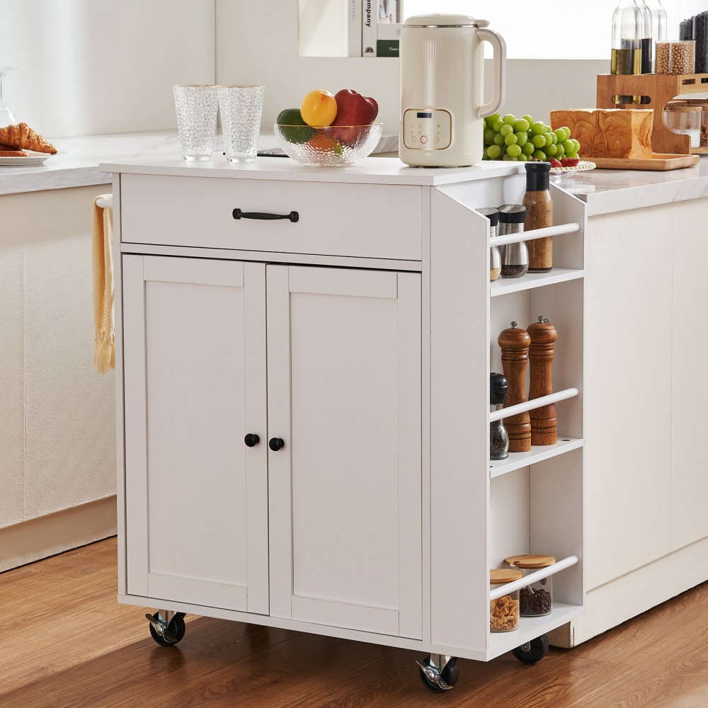 VEVOR Kitchen Island Cart, 32" Mobile Carts with Storage Cabinet, Rolling Table with Power Outlet, Spice Rack, Towel