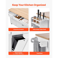 VEVOR Kitchen Island Cart with Storage, 60in Wide Mobile Kitchen Cart with Wheels, Drop Leaf, 2 Drawers, Trash Can