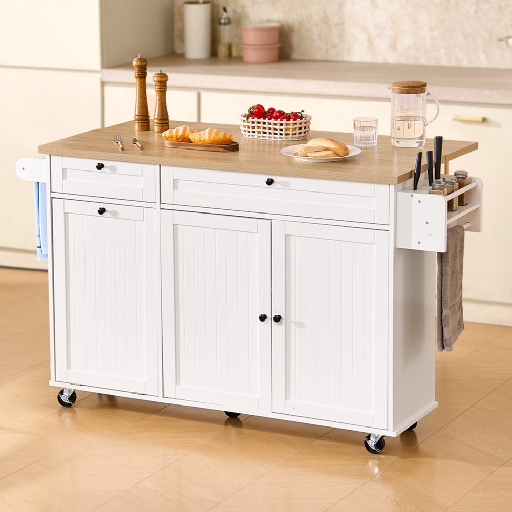 VEVOR Kitchen Island Cart with Storage, 60in Wide Mobile Kitchen Cart with Wheels, Drop Leaf, 2 Drawers, Trash Can