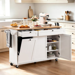 VEVOR Kitchen Island Cart with Storage, 60in Wide Mobile Kitchen Cart with Wheels, Drop Leaf, 2 Drawers, Trash Can
