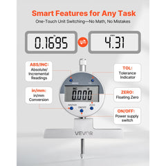 VEVOR Depth Gauge, Depth Micrometer Digital Electronic Indicator 0-22 inch Measuring Range, 0.0005" Resolution