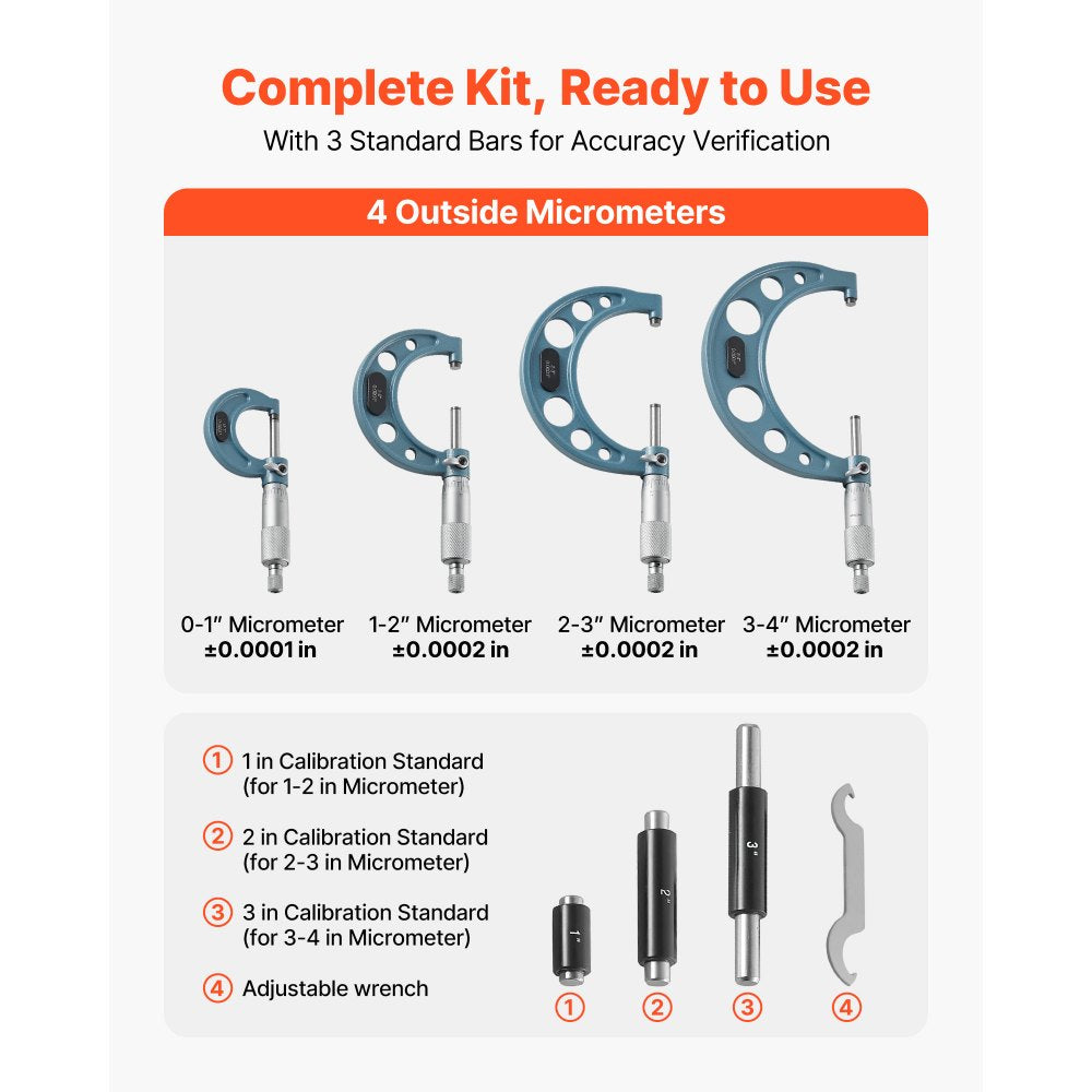 VEVOR 4 PCS Micrometer Set, 0-1"/1-2"/2-3"/3-4" Machinist Outside Micrometer, Ultra-Precision 0.0001 Accuracy
