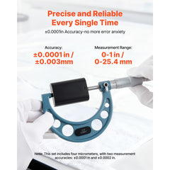 VEVOR 4 PCS Micrometer Set, 0-1"/1-2"/2-3"/3-4" Machinist Outside Micrometer, Ultra-Precision 0.0001 Accuracy
