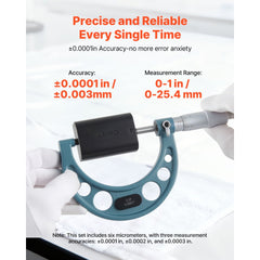 VEVOR 6 PCS Micrometer Set, 0-1"/1-2"/2-3"/3-4"/4-5"/5-6" Machinist Outside Micrometer, Precision 0.0001 Accuracy