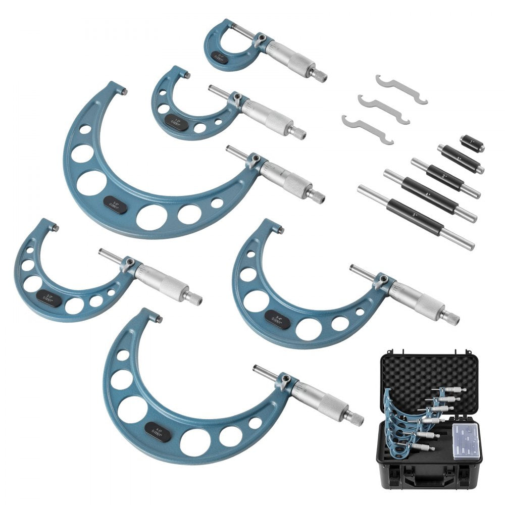 VEVOR 6 PCS Micrometer Set, 0-1"/1-2"/2-3"/3-4"/4-5"/5-6" Machinist Outside Micrometer, Precision 0.0001 Accuracy