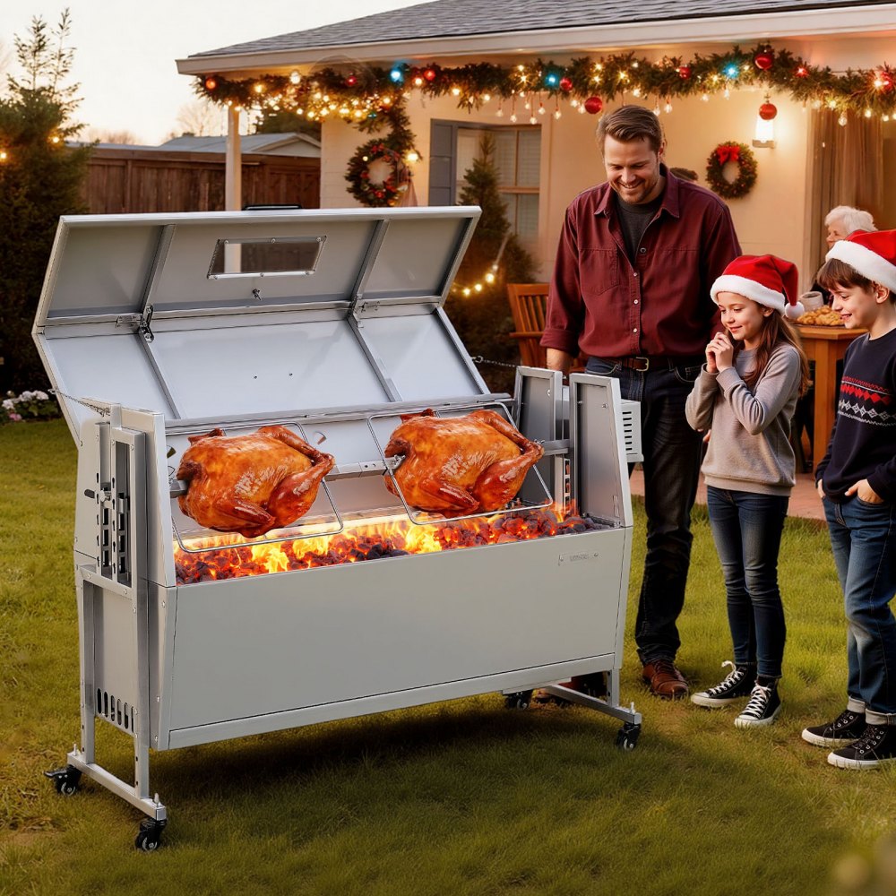 VEVOR Rotisserie Grill 38W BBQ Outdoor Pig & Lamb Spit Roaster, Charcoal Spit Roaster with 132 LBS Capacity, Wheels &