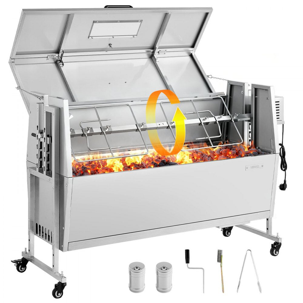 VEVOR Rotisserie Grill 38W BBQ Outdoor Pig & Lamb Spit Roaster, Charcoal Spit Roaster with 132 LBS Capacity, Wheels &