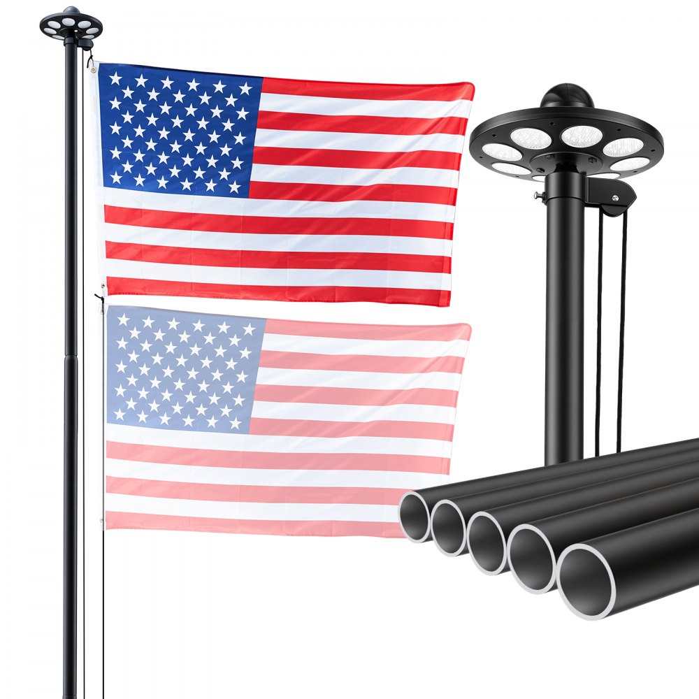 VEVOR Flag Pole, 20ft Heavy Duty Sectional Flagpole Kit with 136 LED Solar Light for Outside House In Ground, Outdoor