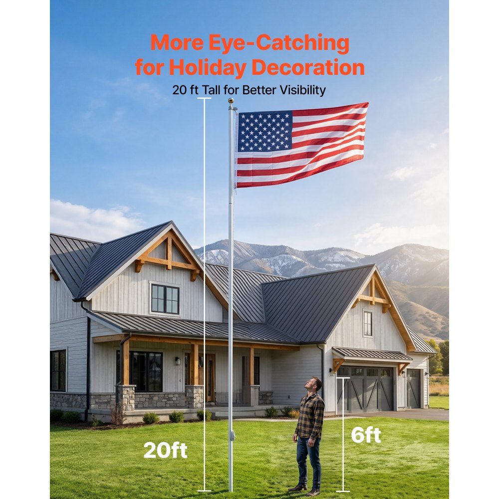 VEVOR Flag Pole, 20ft Heavy Duty Sectional Flagpole Kit for Outside House In Ground, Extra Thick Outdoor Aluminum