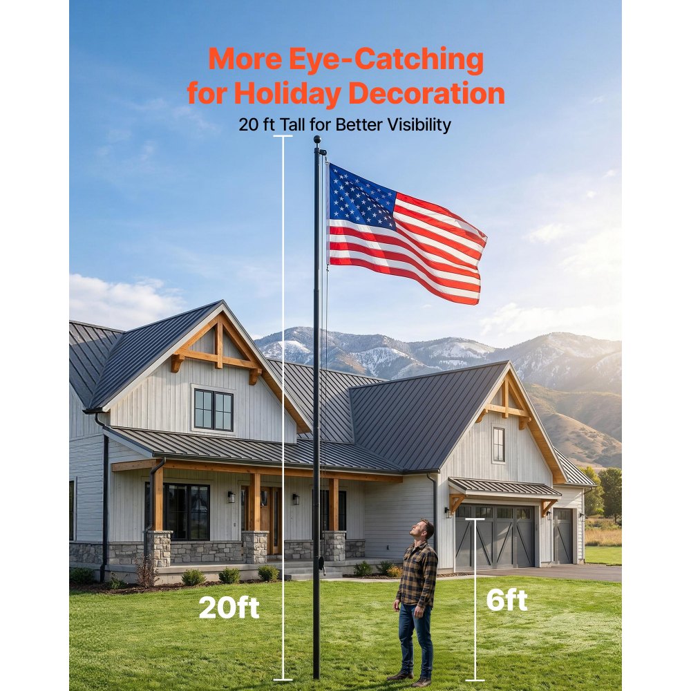 VEVOR Flag Pole, 20ft Heavy Duty Sectional Flagpole Kit for Outside House In Ground, Extra Thick Outdoor Aluminum