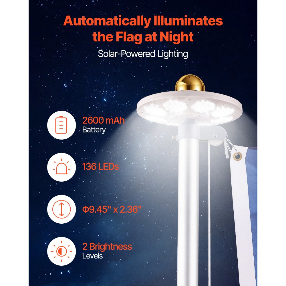 VEVOR Flag Pole, 20ft Heavy Duty Sectional Flagpole Kit with 136 LED Solar Light for Outside House In Ground, Outdoor