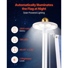 VEVOR Flag Pole, 20ft Heavy Duty Sectional Flagpole Kit with 136 LED Solar Light for Outside House In Ground, Outdoor