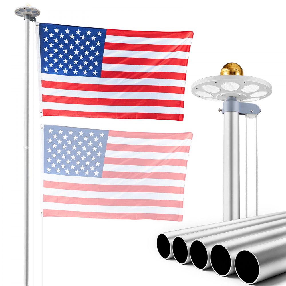 VEVOR Flag Pole, 20ft Heavy Duty Sectional Flagpole Kit with 136 LED Solar Light for Outside House In Ground, Outdoor