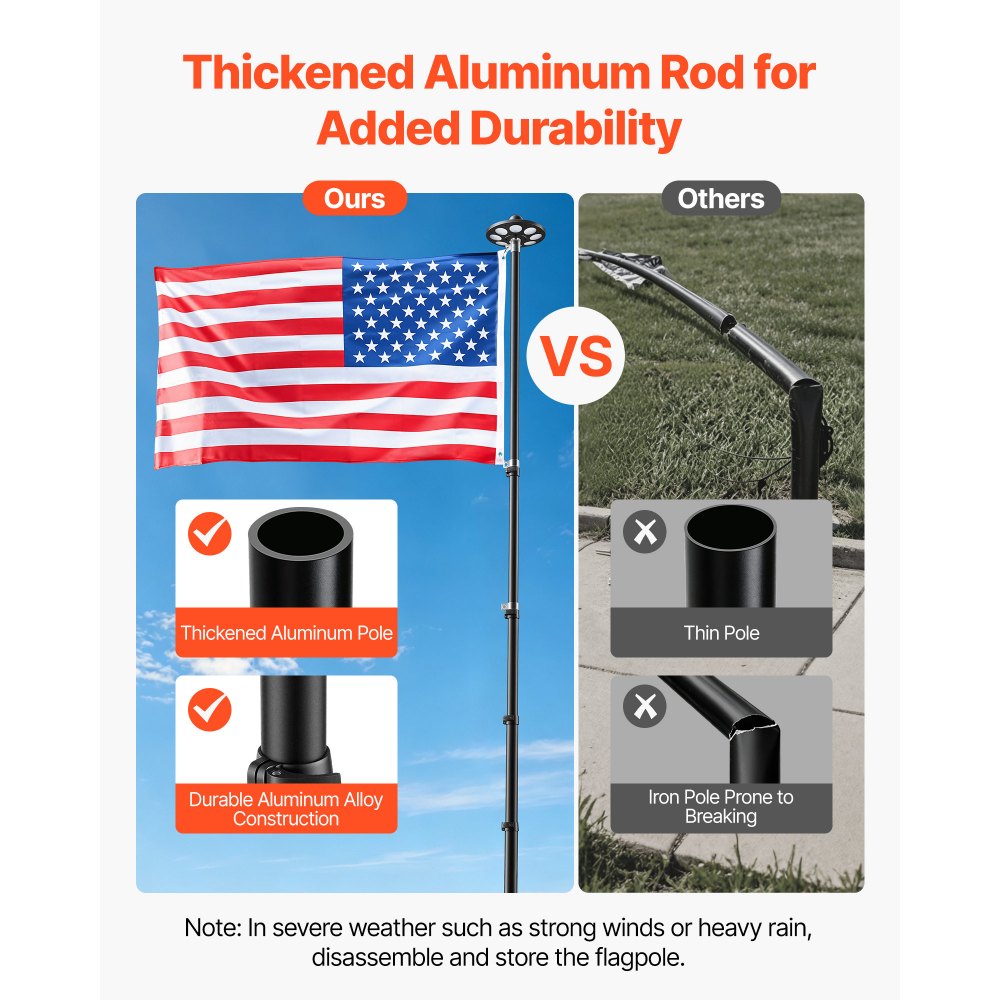 VEVOR Flag Pole, 20ft Heavy Duty Telescopic Flagpole Kit with 136 LED Solar Light for Outside House In Ground, Outdoor