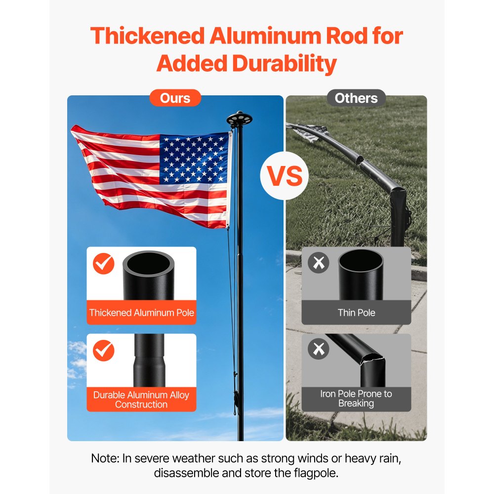 VEVOR Flag Pole, 25ft Heavy Duty Sectional Flagpole Kit with 136 LED Solar Light for Outside House In Ground, Outdoor