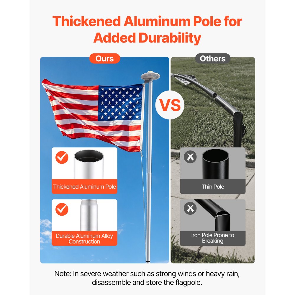 VEVOR Flag Pole, 25ft Heavy Duty Sectional Flagpole Kit with 136 LED Solar Light for Outside House In Ground, Outdoor