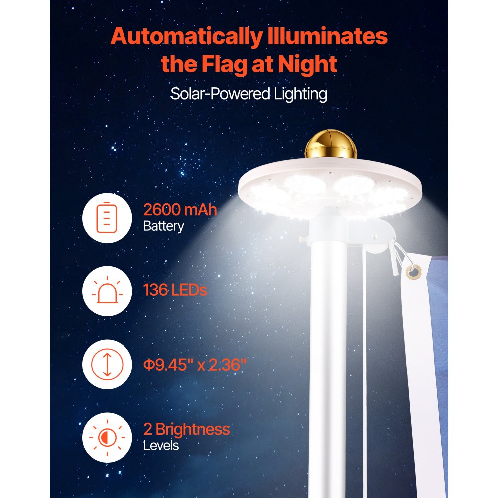 VEVOR Flag Pole, 25ft Heavy Duty Sectional Flagpole Kit with 136 LED Solar Light for Outside House In Ground, Outdoor