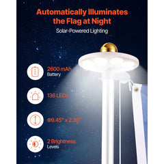 VEVOR Flag Pole, 25ft Heavy Duty Sectional Flagpole Kit with 136 LED Solar Light for Outside House In Ground, Outdoor
