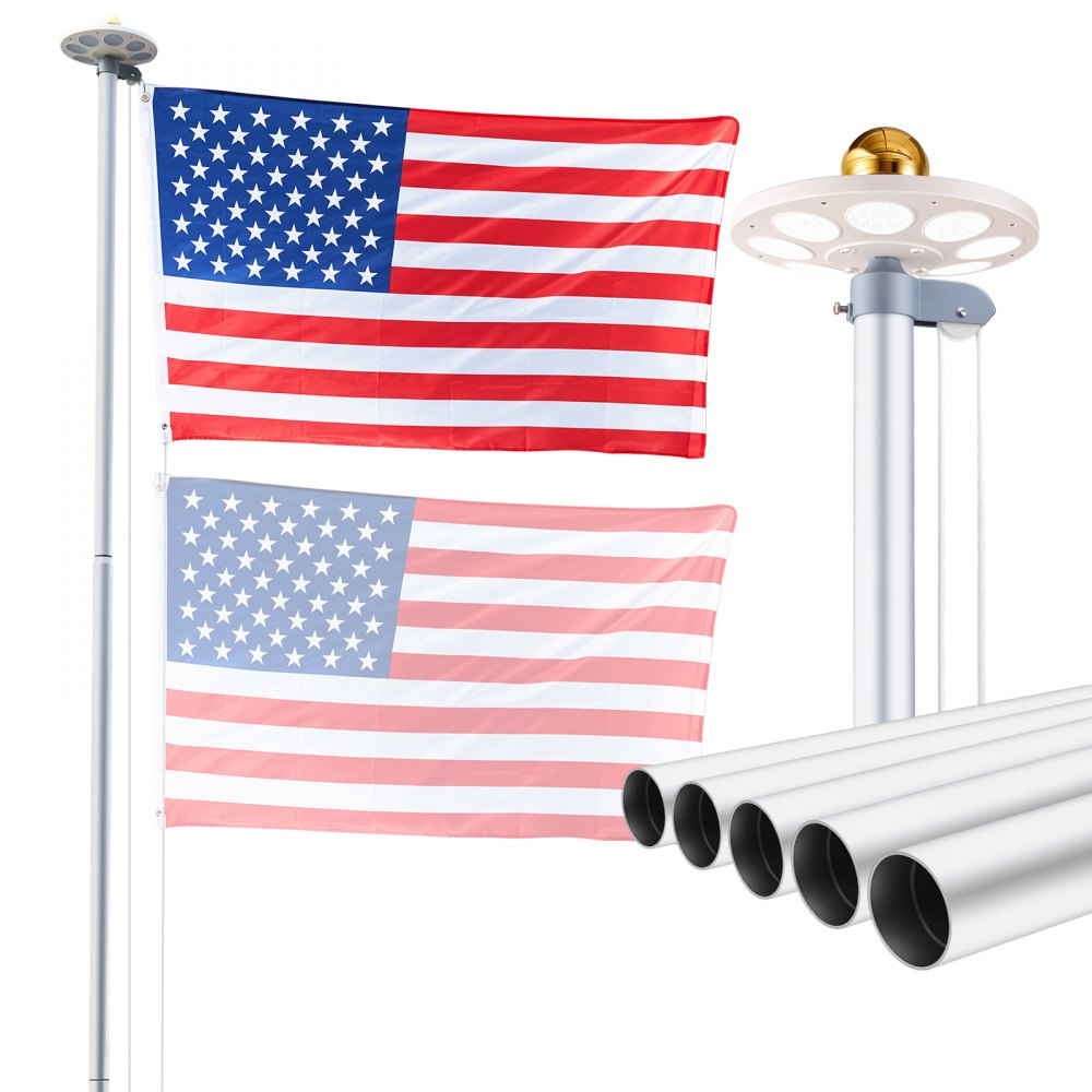 VEVOR Flag Pole, 25ft Heavy Duty Sectional Flagpole Kit with 136 LED Solar Light for Outside House In Ground, Outdoor