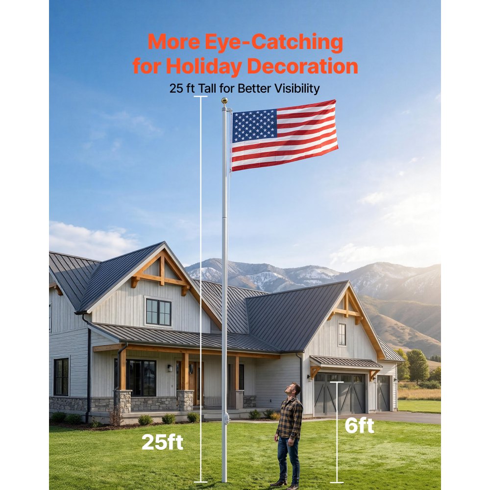 VEVOR Flag Pole, 25ft Heavy Duty Sectional Flagpole Kit for Outside House In Ground, Extra Thick Outdoor Aluminum