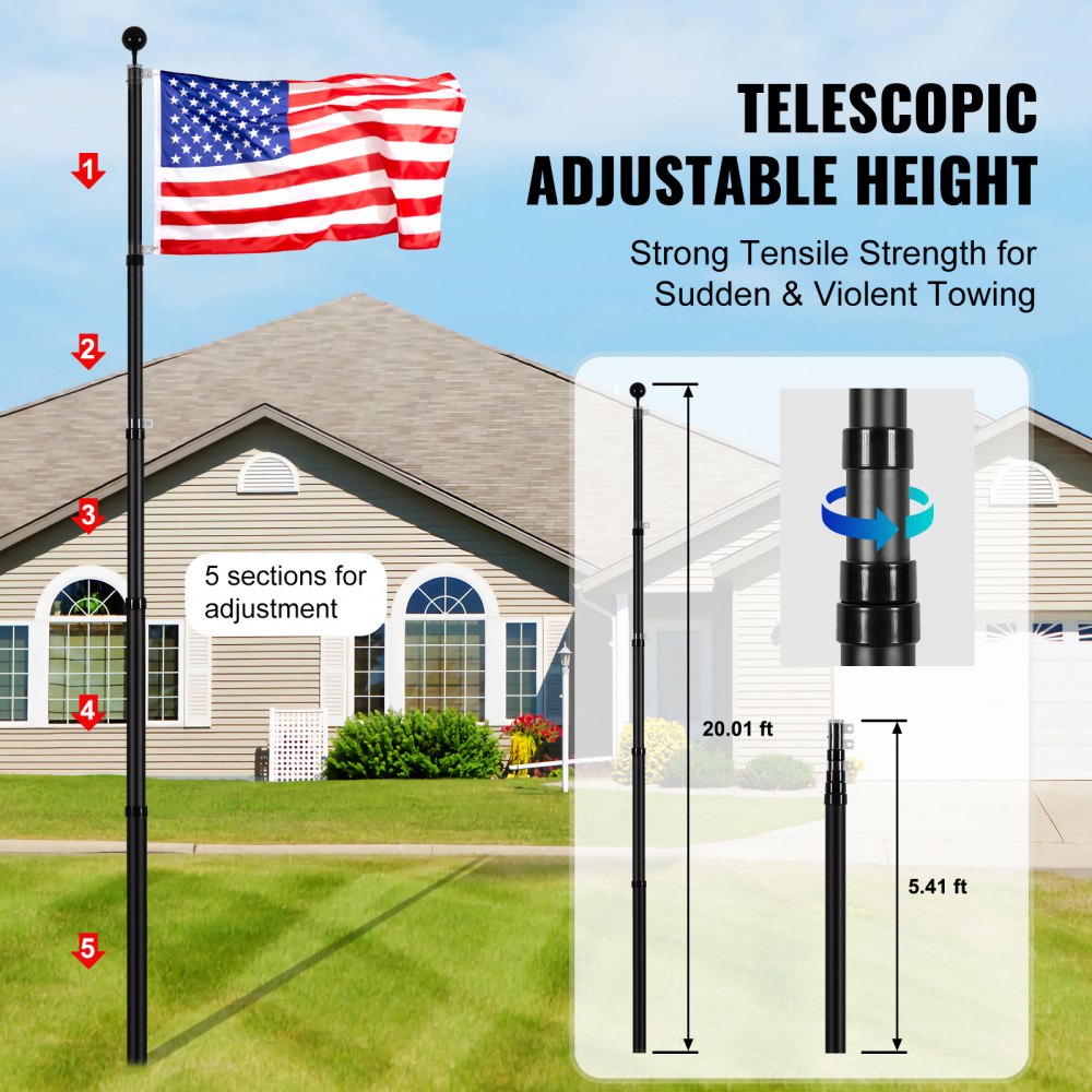 VEVOR 20FT Telescoping Flag pole Kit, Heavy Duty Aluminum Alloy in Ground Flag Poles for Outside, 3 Display Modes
