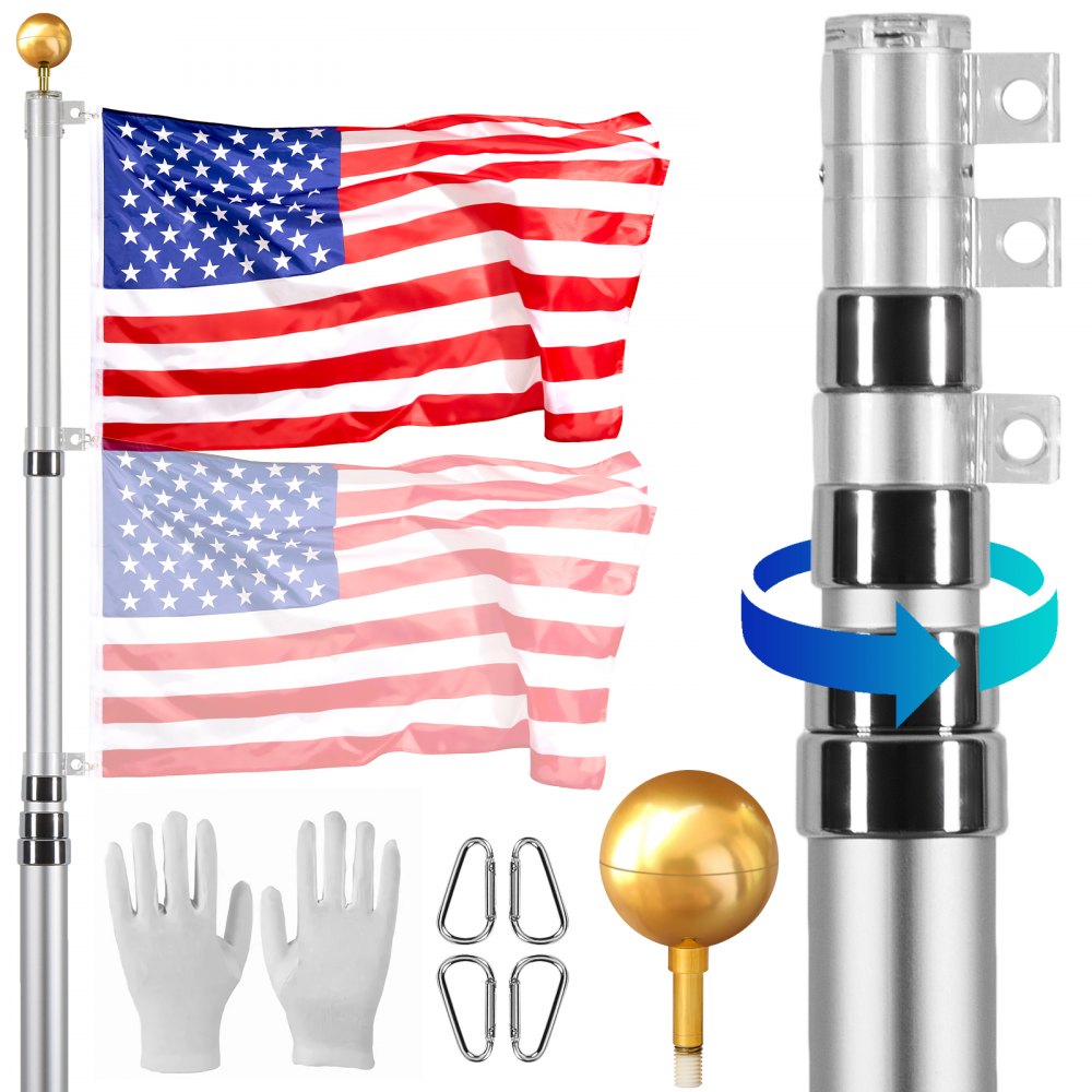 VEVOR 25FT Telescoping Flag pole Kit, Heavy Duty Aluminum Alloy in Ground Flag Poles for Outside, 3 Display Modes