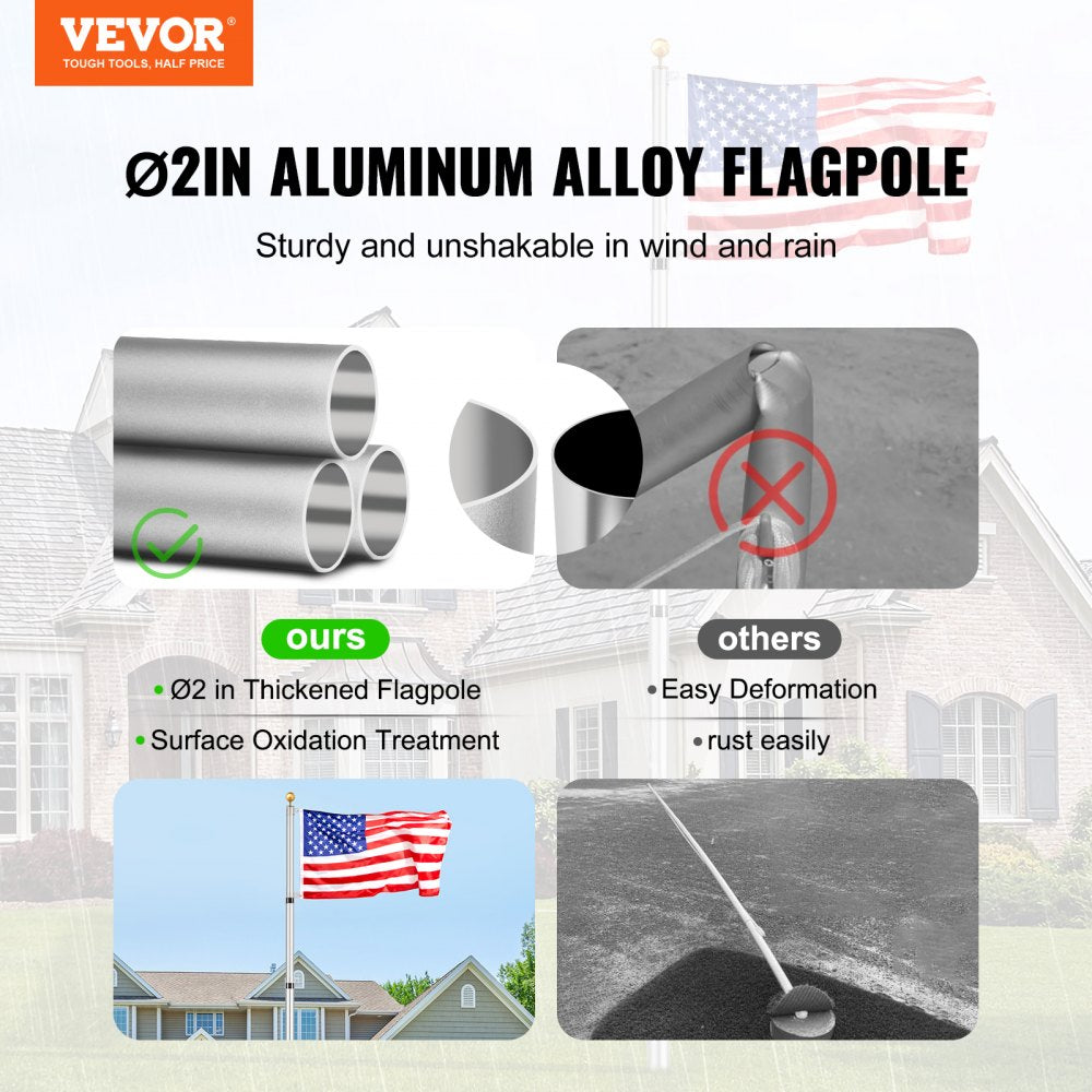 VEVOR 30FT Telescoping Flag pole Kit, Heavy Duty Aluminum Alloy in Ground Flag Poles for Outside, 3 Display Modes