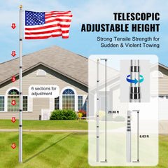 VEVOR 30FT Telescoping Flag pole Kit, Heavy Duty Aluminum Alloy in Ground Flag Poles for Outside, 3 Display Modes