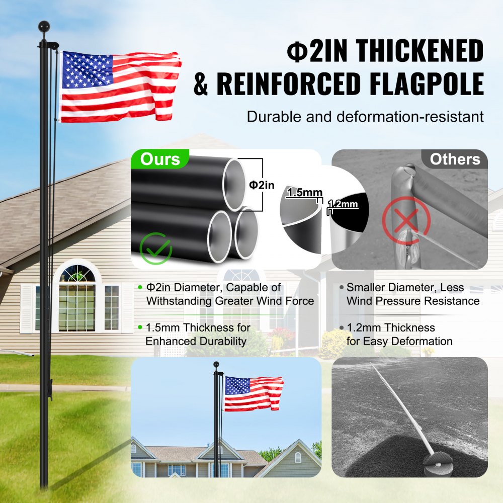 VEVOR 25FT Sectional Flag pole Kit, Heavy Duty Aluminum Alloy in Ground Flag poles for Outside, 3 Display Modes
