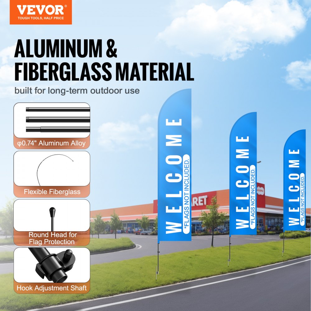 VEVOR Feather Flag Pole Kit, 3 Packs Swooper Flag Pole 16.3 ft, Sign Flag Poles for Business Advertising Flags Outdoor