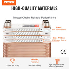 VEVOR Heat Exchanger, 5"x 12" 80 Plates Brazed Plate Heat Exchanger, Copper/316L Stainless Steel Water To Water Heat