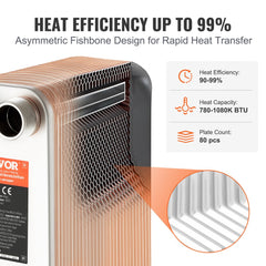 VEVOR Heat Exchanger, 5"x 12" 80 Plates Brazed Plate Heat Exchanger, Copper/316L Stainless Steel Water To Water Heat
