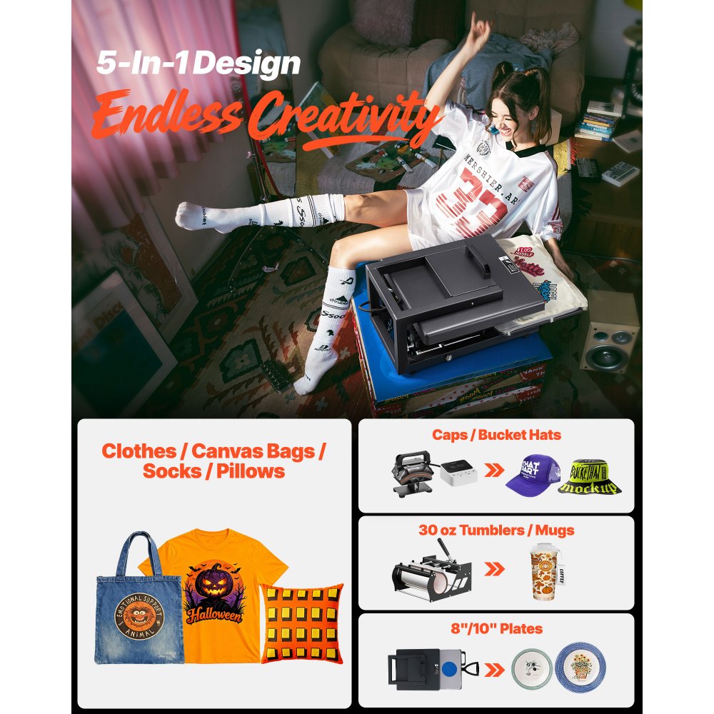 VEVOR Hybrid Heat Press, 15 x 15 inch, 5-in-1 Multifunction, Heat Up Fast and Even, All-New Patented Design, Easy to