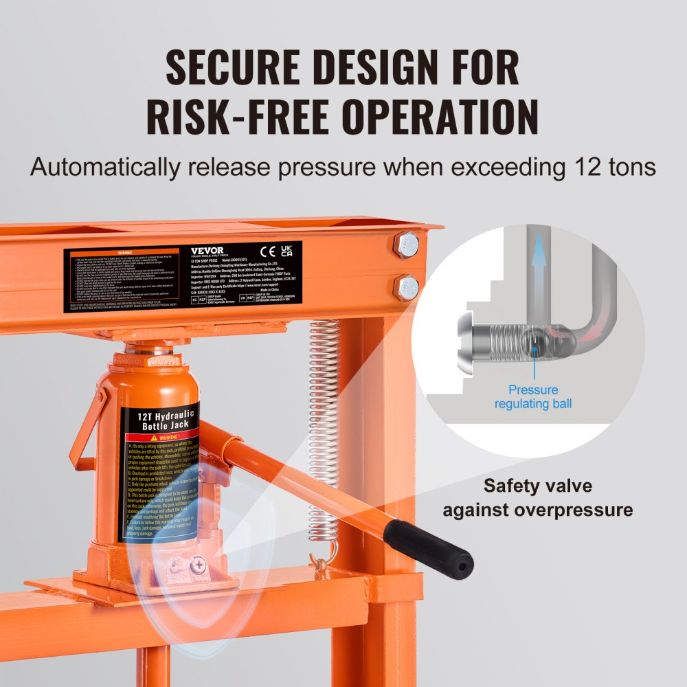 VEVOR Hydraulic Shop Press, 12 Ton H-Frame Hydraulic Garage/Shop Floor Press, Adjustable Shop Press with Press Plates
