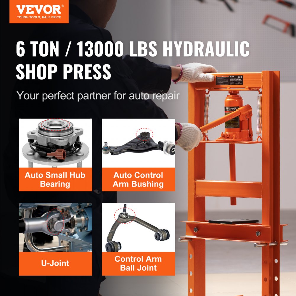 VEVOR Hydraulic Shop Press, 6 Ton H-Frame Hydraulic Garage/Shop Floor Press, Adjustable Shop Press with Press Plates