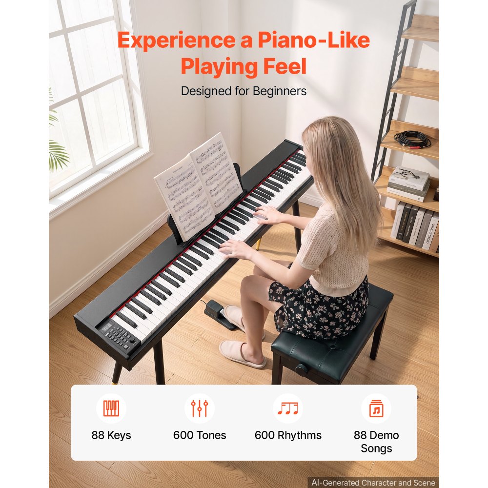 VEVOR Digital Piano 88 Keys Semi Weighted Full Size Keyboard Stand Black, for Beginners, 600 Tones, 600 Rhythms