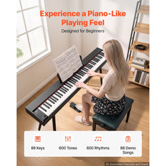 VEVOR Digital Piano 88 Keys Semi Weighted Full Size Keyboard Stand Black, for Beginners, 600 Tones, 600 Rhythms