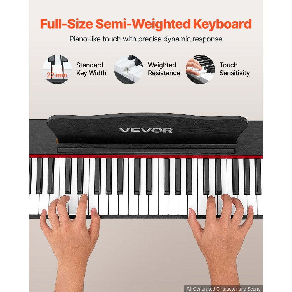 VEVOR Digital Piano 88 Keys Semi Weighted Full Size Keyboard Stand Black, for Beginners, 600 Tones, 600 Rhythms