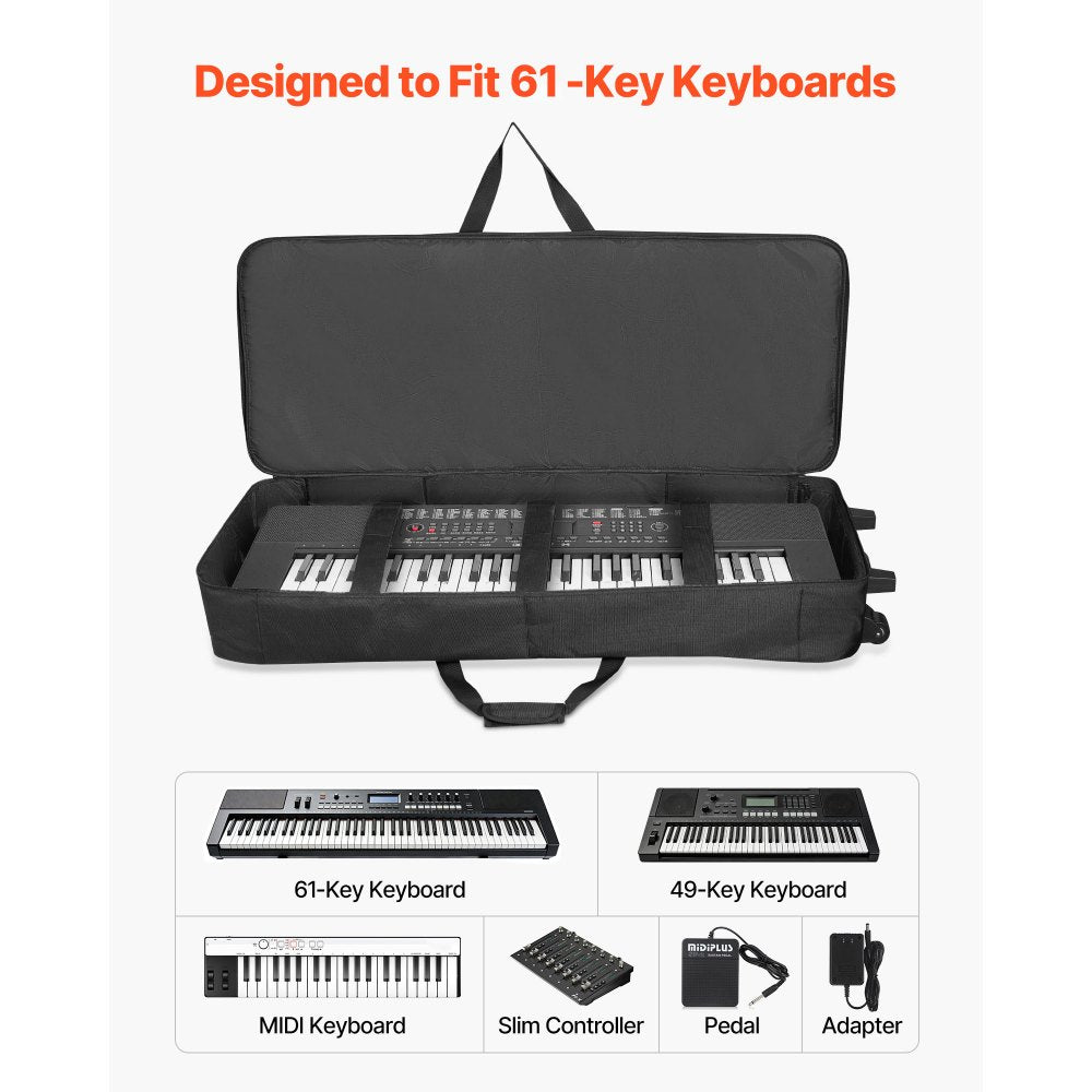 VEVOR 61 Key Keyboard Case, 40.9 x 16.9 x 5.1 in Interior, Padded Rolling Piano Case with Wheels, Sturdy Handle